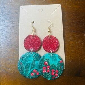 Chic Holiday Red and Green Floral Dangle Wooden Earrings